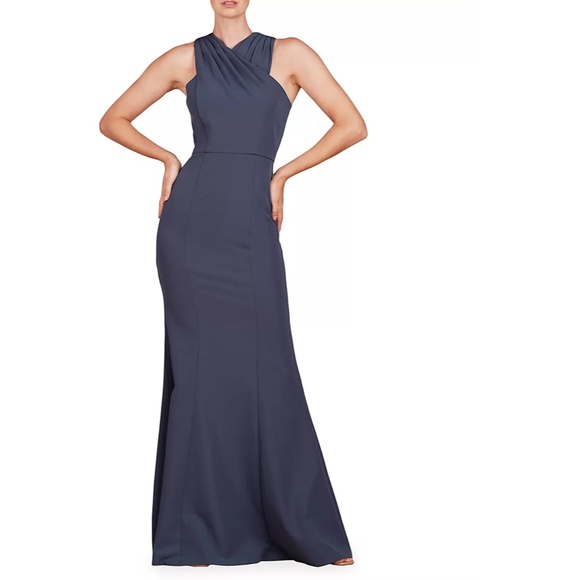 NEW KAY UNGER Prussian Blue TALIA Stretch Crepe PLEATED HALTER Column GOWN 2 - Picture 10 of 12